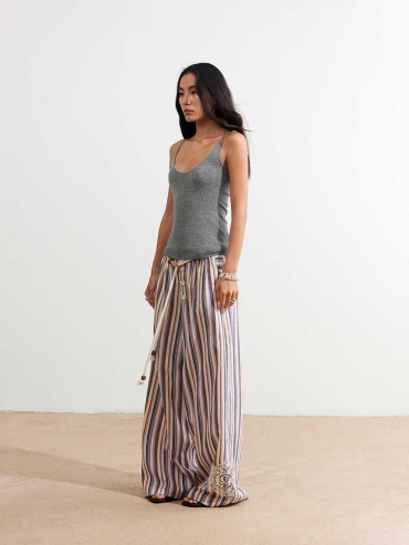 Embroidered Drawstring Striped Wide-Leg Pants
