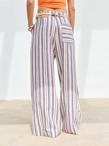 Embroidered Drawstring Striped Wide-Leg Pants