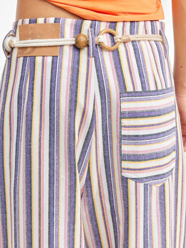 Embroidered Drawstring Striped Wide-Leg Pants