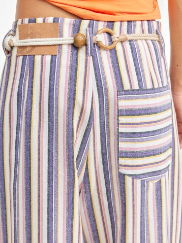 Embroidered Drawstring Striped Wide-Leg Pants