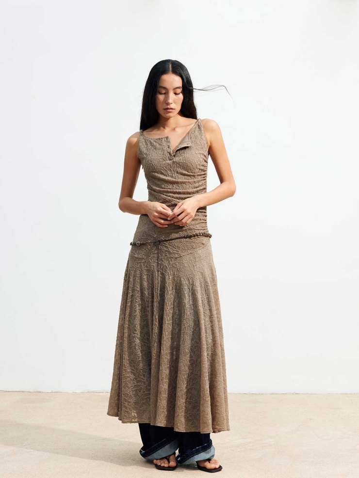Brown Wool Jacquard Sleeveless A-line Dress
