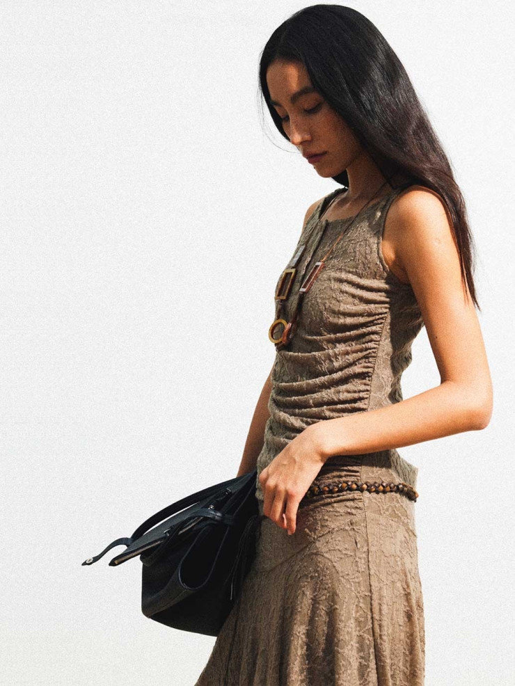 Brown Wool Jacquard Sleeveless A-line Dress