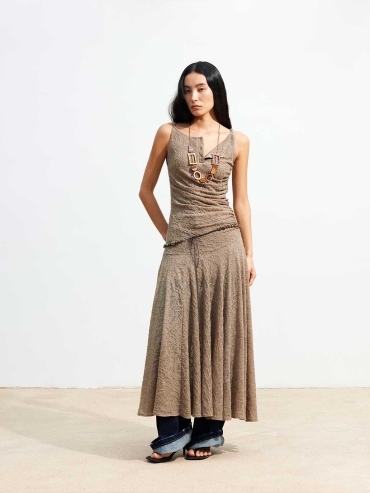 Brown Wool Jacquard Sleeveless A-line Dress
