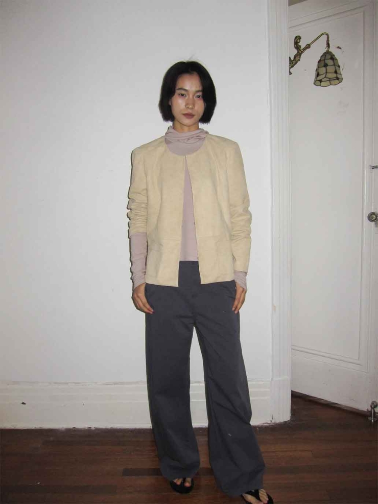 Beige H-Line Collarless Suede Jacket