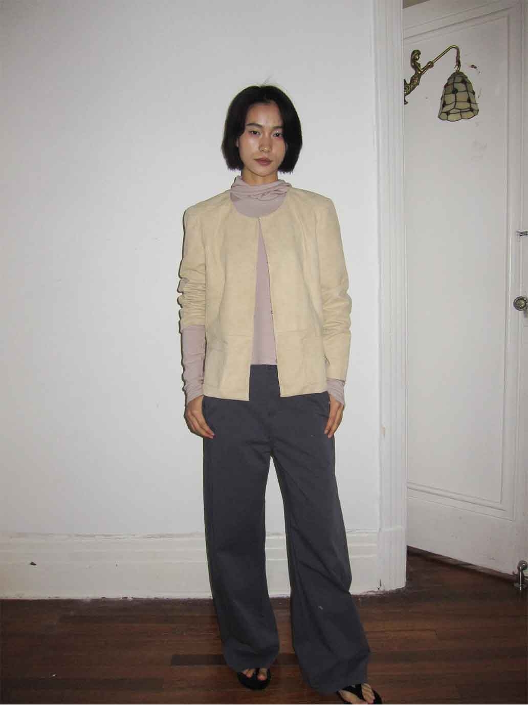 Beige H-Line Collarless Suede Jacket