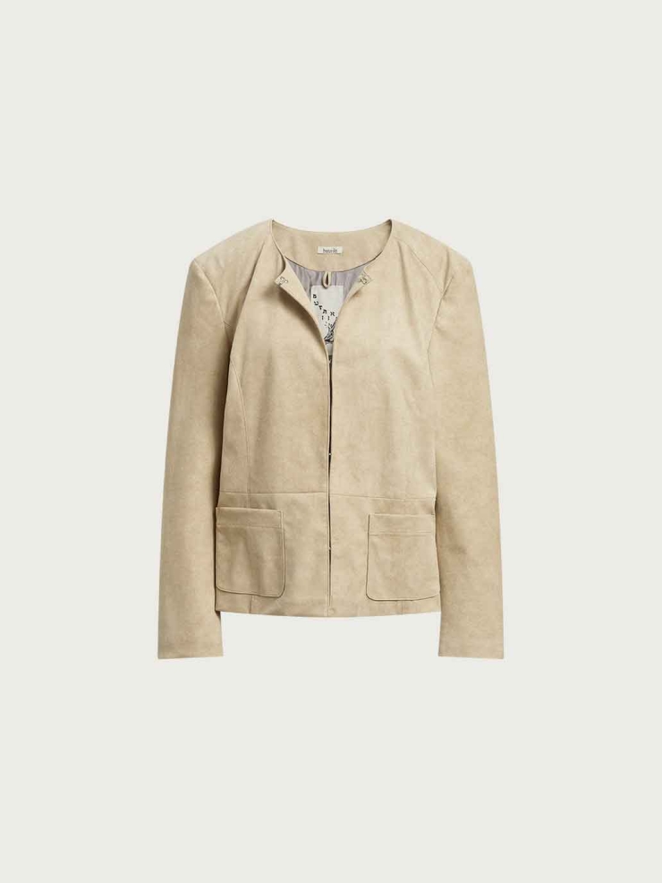 Beige H-Line Collarless Suede Jacket