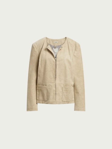 Beige H-Line Collarless Suede Jacket