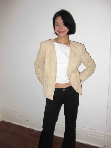 Beige H-Line Collarless Suede Jacket