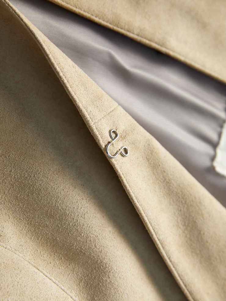 Beige H-Line Collarless Suede Jacket