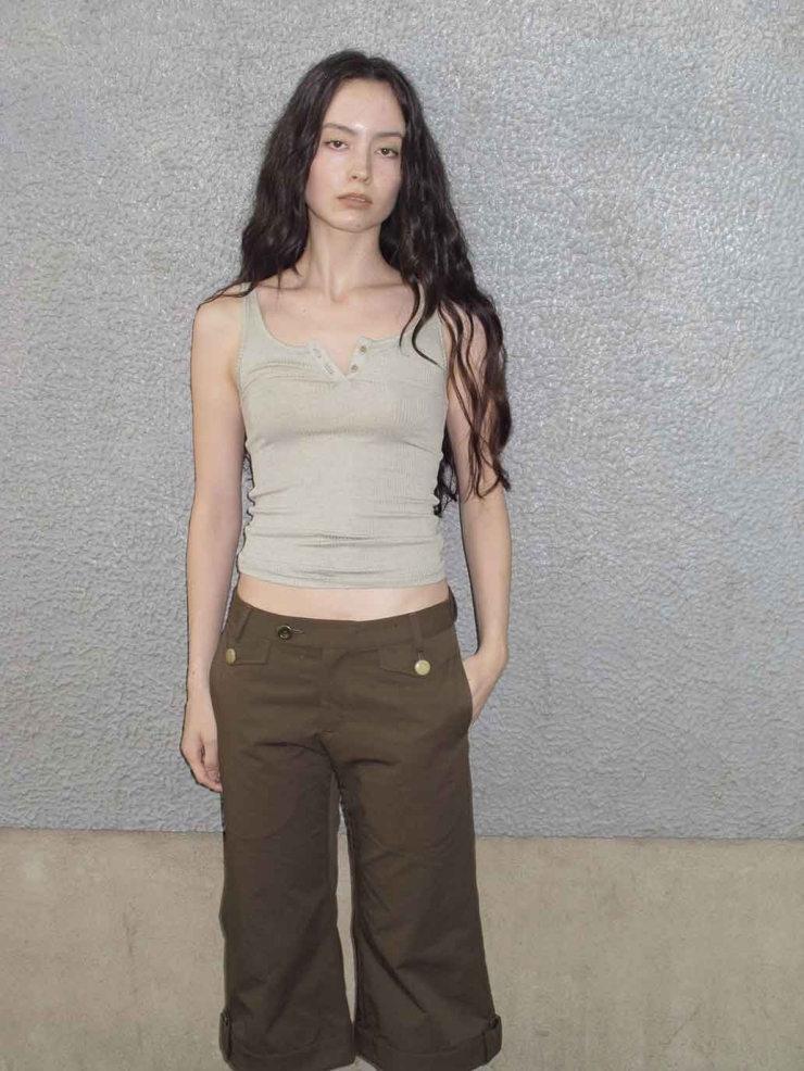 Light Grey Ribbed Henley Tank Top