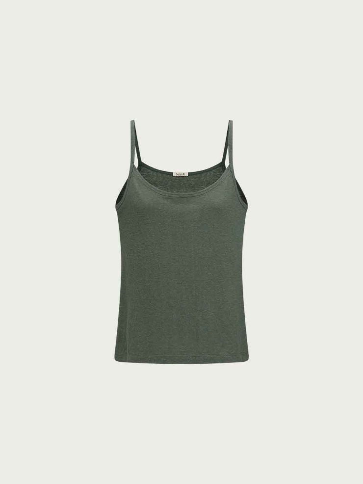 Green Embroidered Cotton-Linen Cami Top