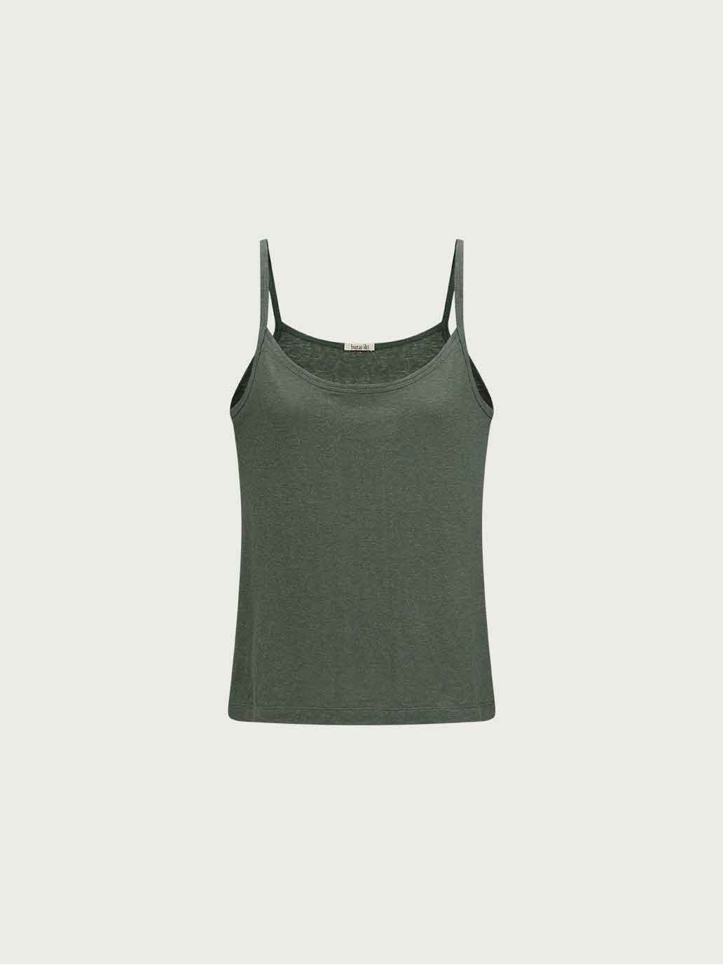 Green Embroidered Cotton-Linen Cami Top