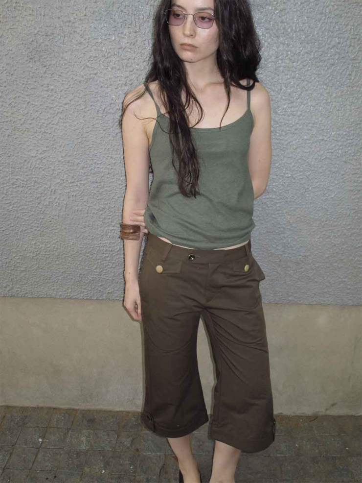 Green Embroidered Cotton-Linen Cami Top