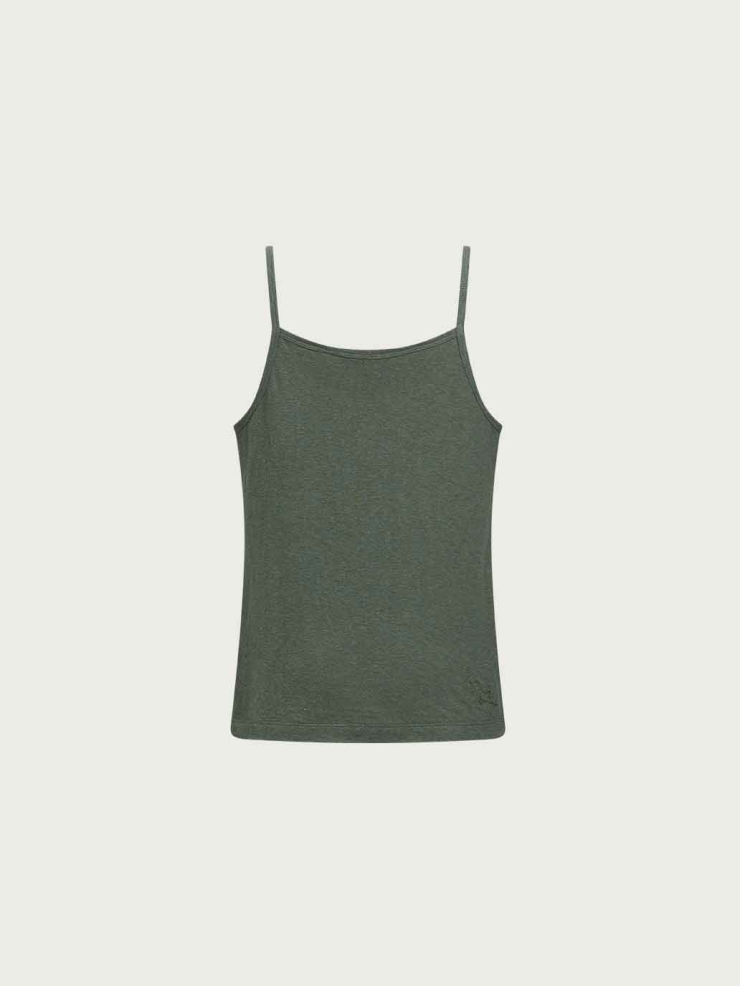 Green Embroidered Cotton-Linen Cami Top