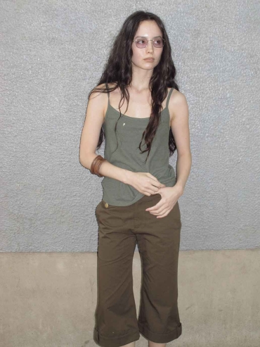 Green Embroidered Cotton-Linen Cami Top