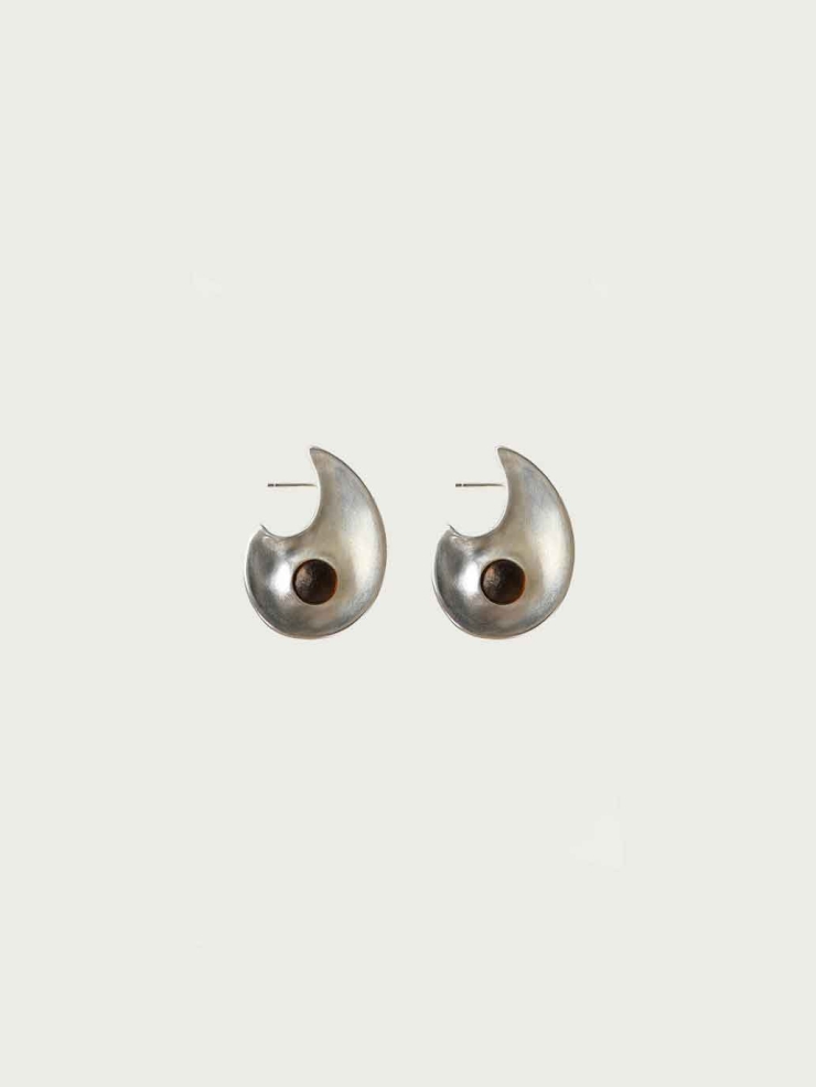Silver Crescent Flow Earrings With Gem-Large