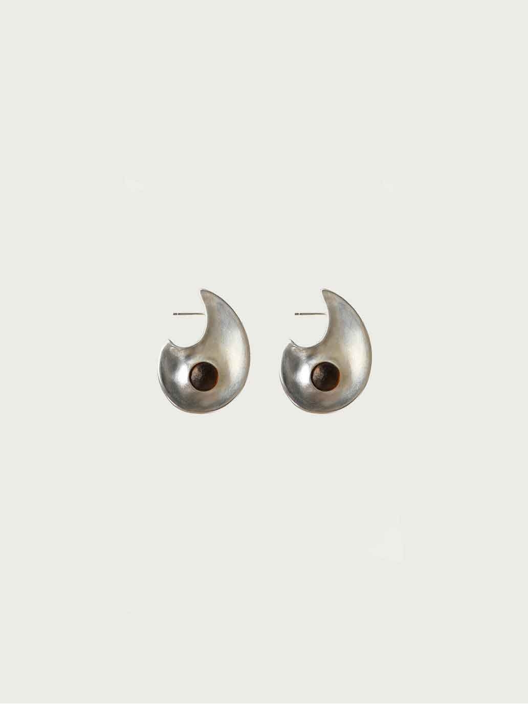 Silver Crescent Flow Earrings With Gem-Large