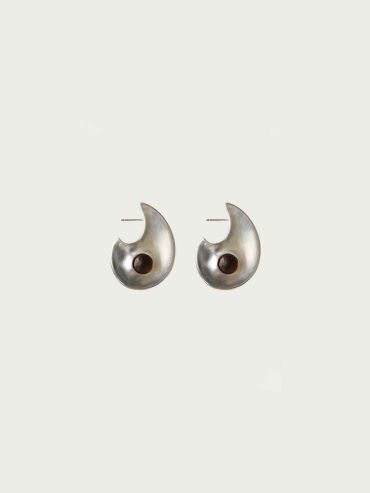 Silver Crescent Flow Earrings With Gem-Large