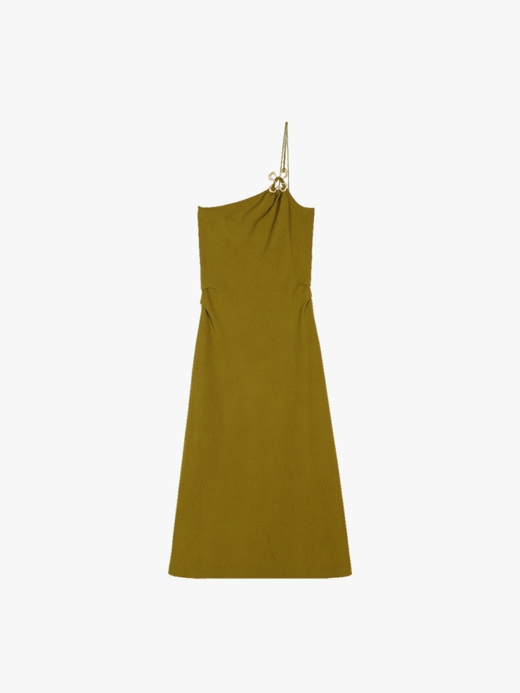 CHAMBRE DE FAN Metal Flower Embellished 3D Jacquard Asymmetric Dress Mustard