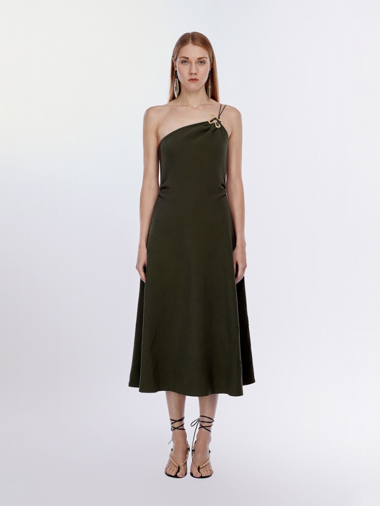 CHAMBRE DE FAN Metal Flower Embellished 3D Jacquard Asymmetric Dress Mustard