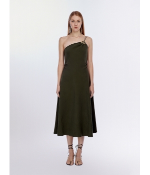 CHAMBRE DE FAN Metal Flower Embellished 3D Jacquard Asymmetric Dress Mustard