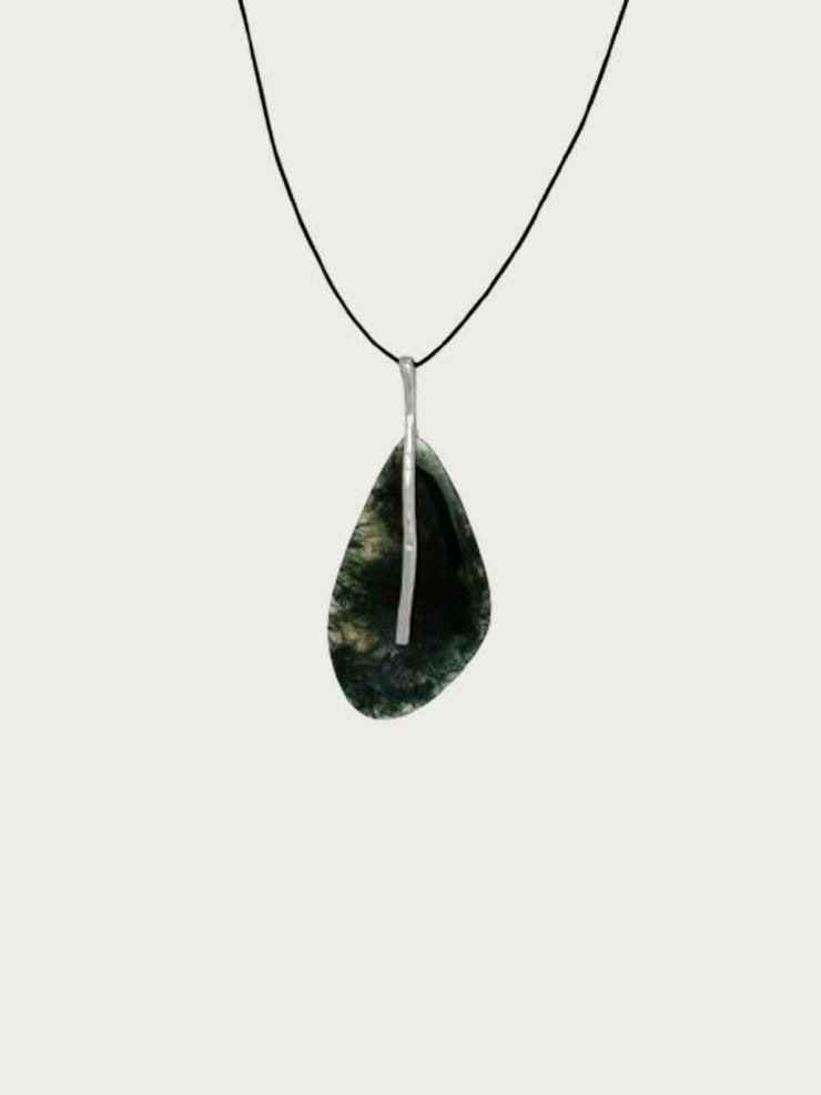 Silver Leaf Necklace with Moss Agate