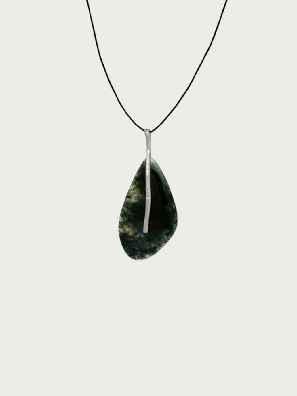 Silver Leaf Necklace with Moss Agate