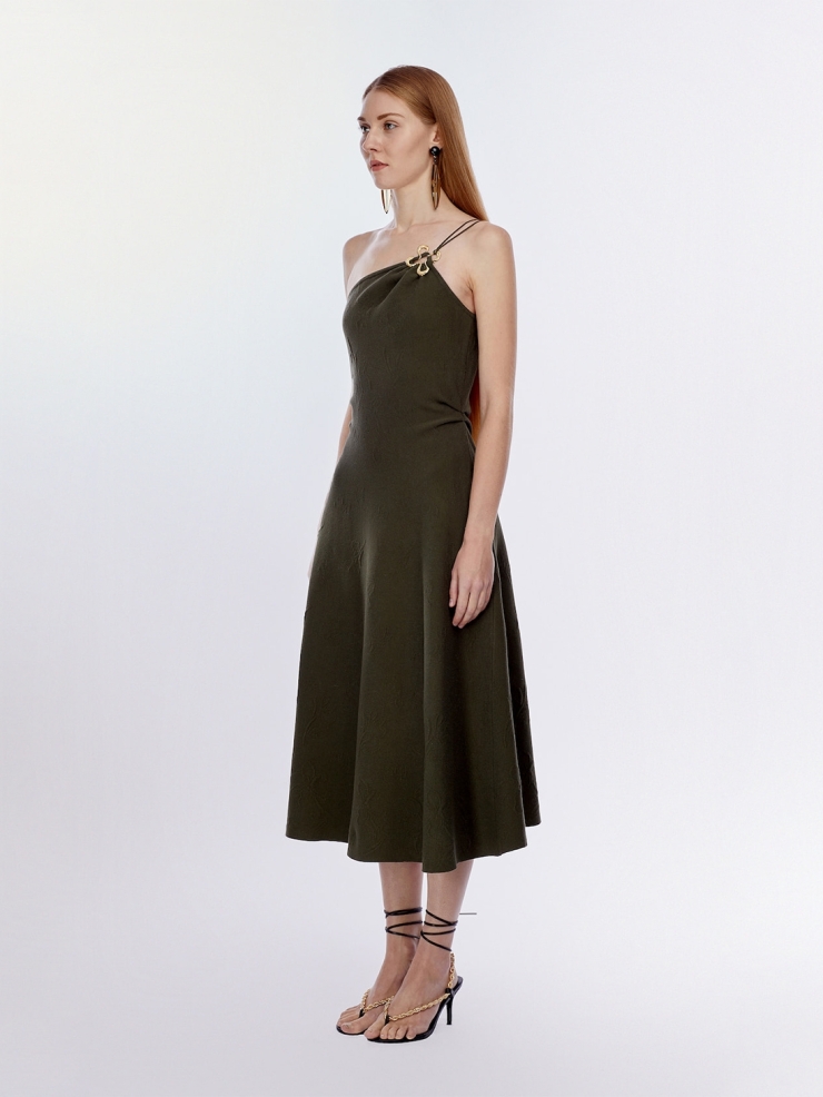 CHAMBRE DE FAN Metal Flower Embellished 3D Jacquard Asymmetric Dress Mustard