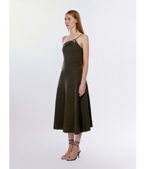 CHAMBRE DE FAN Metal Flower Embellished 3D Jacquard Asymmetric Dress Mustard