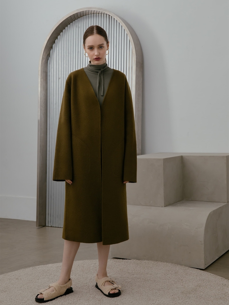 CHAMBRE DE FAN Boiled-Wool Pocketed Maxi Coat Olive