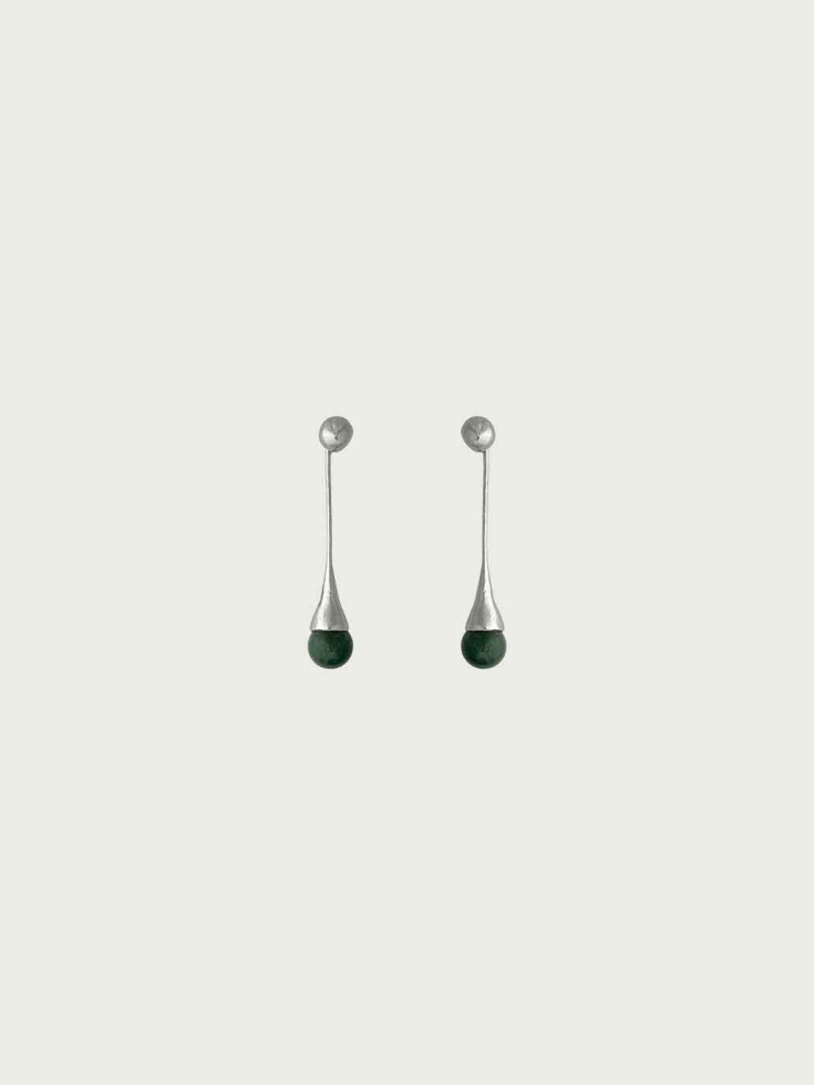 Silver Drip Long Earrings with Moss Agate