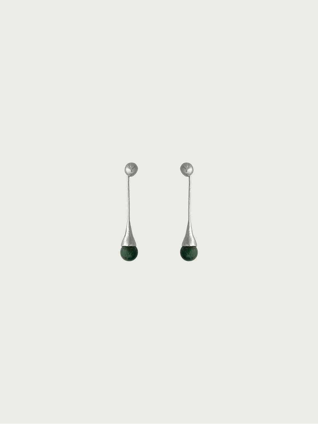 Silver Drip Long Earrings with Moss Agate