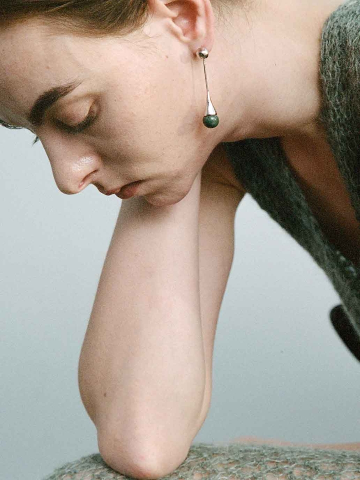 Silver Drip Long Earrings with Moss Agate