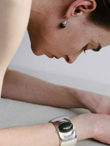 Silver Drip Hoops with Moss Agate