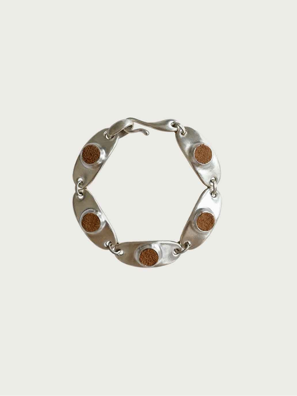 Silver Oval Camel Leather Inlaid Bracelet