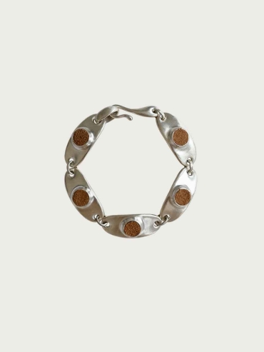 Silver Oval Camel Leather Inlaid Bracelet