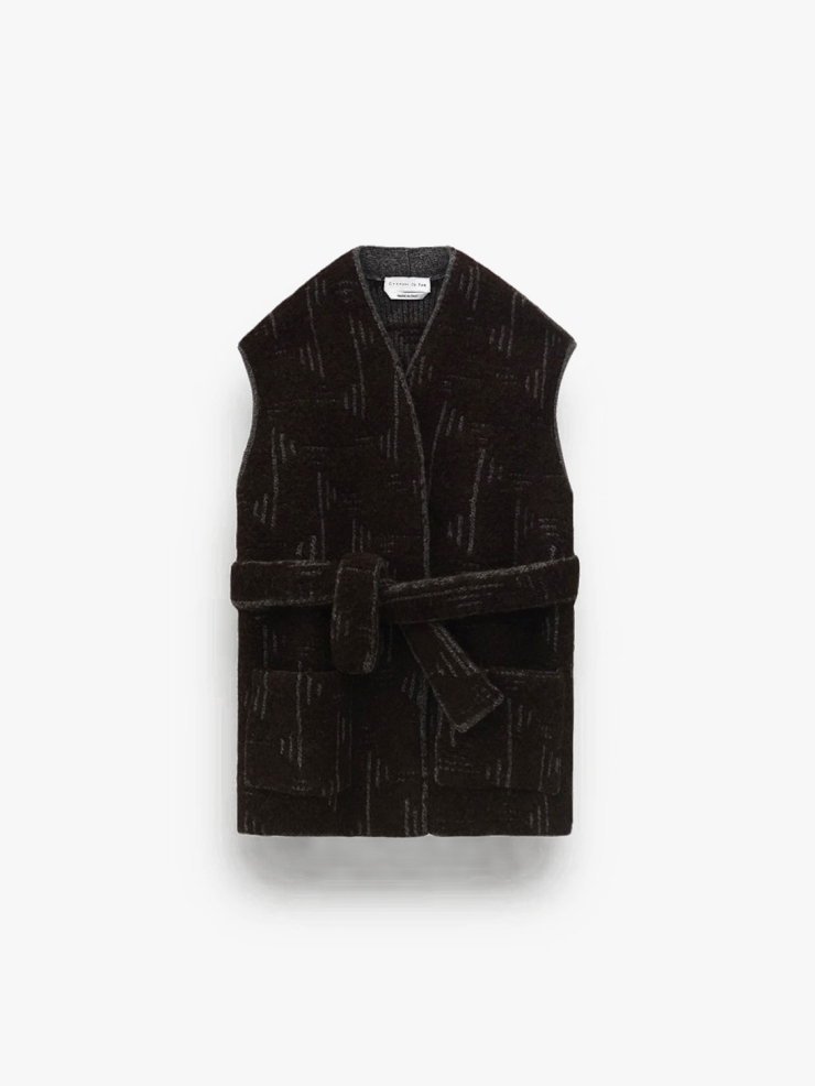 CHAMBRE DE FAN Bouclé Alpaca Jacquard Sleeveless Belted Coat Brown