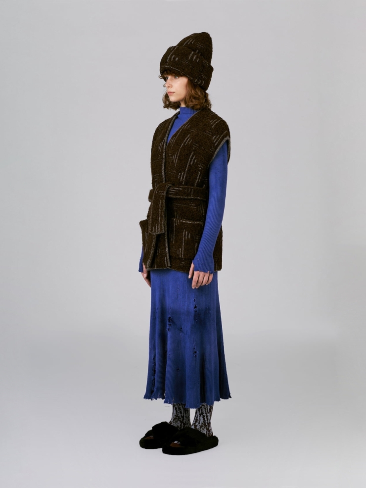 CHAMBRE DE FAN Bouclé Alpaca Jacquard Sleeveless Belted Coat Brown