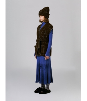 CHAMBRE DE FAN Bouclé Alpaca Jacquard Sleeveless Belted Coat Brown