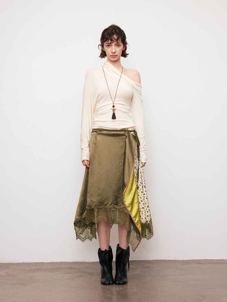 Brown Patchwork Asymmetric Midi Skirt