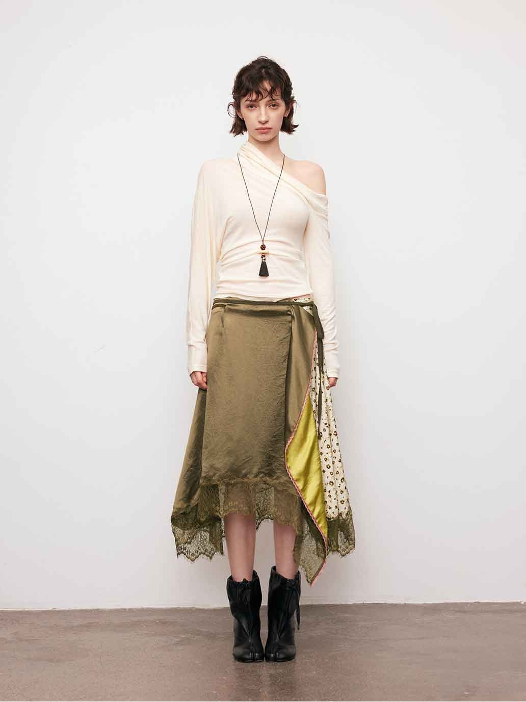 Brown Patchwork Asymmetric Midi Skirt