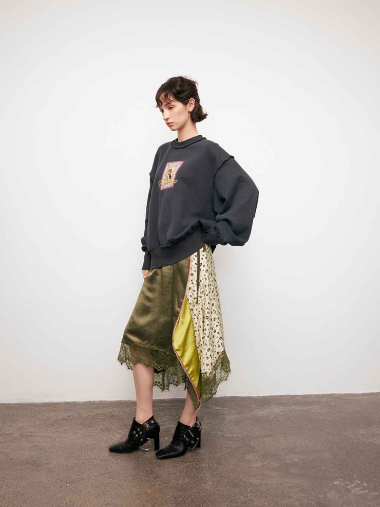 Brown Patchwork Asymmetric Midi Skirt