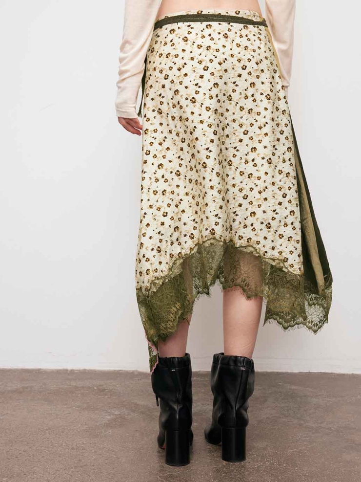 Brown Patchwork Asymmetric Midi Skirt