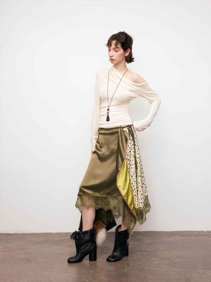 Brown Patchwork Asymmetric Midi Skirt