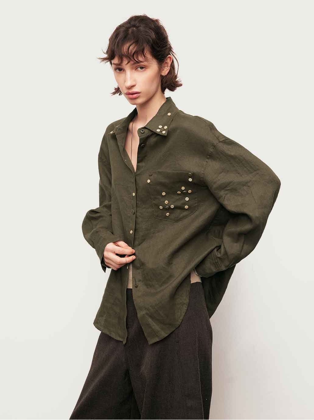 Green Linen Drop-Shoulder Button Shirt
