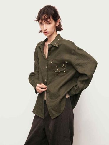 Green Linen Drop-Shoulder Button Shirt