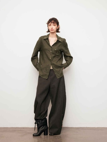 Green Linen Drop-Shoulder Button Shirt