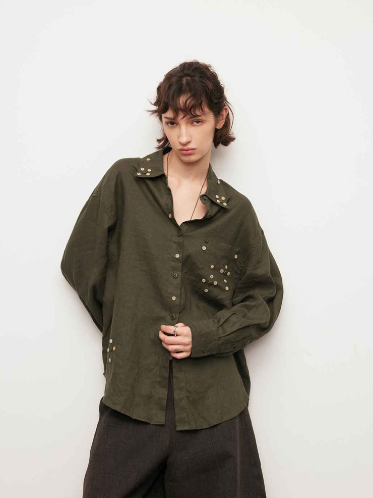 Green Linen Drop-Shoulder Button Shirt