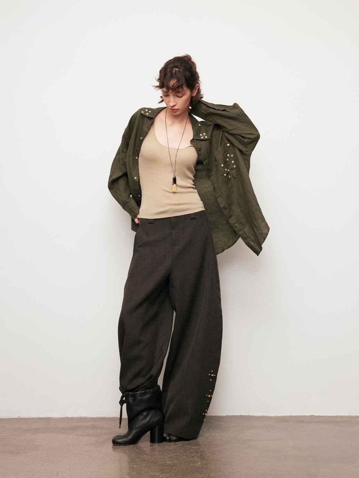 Green Linen Drop-Shoulder Button Shirt