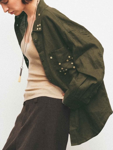 Green Linen Drop-Shoulder Button Shirt